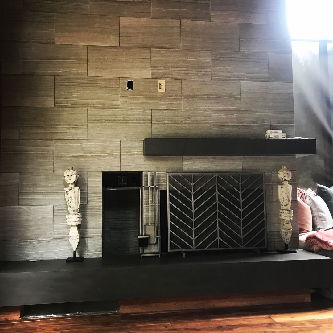 Custom tiled fireplace wall